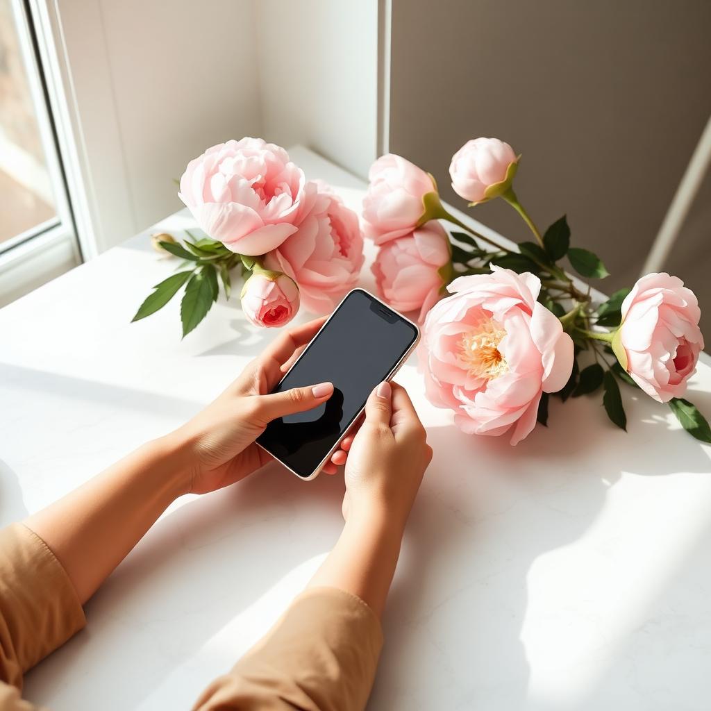 Calm workspace with phone and flowers